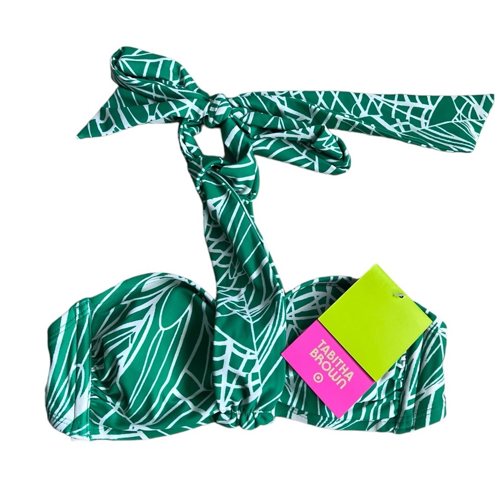 Tabitha Brown Linear Floral Leaf Foliage Print Halter Neck Bikini Top NWT XXS